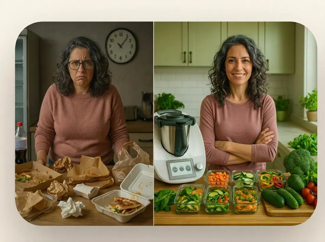 Middle-aged woman before and after losing 10 kg (22 lb) with keto meals made in the Thermomix