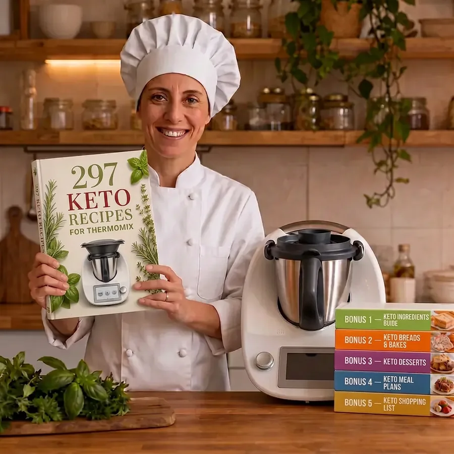 Chef holding the 297 keto recipes for Thermomix collection next to the kitchen machine